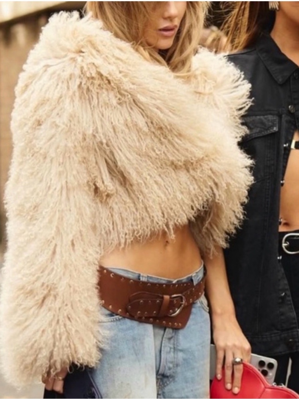 Women's Cropped Mongolian Sheep Jacket in Beige